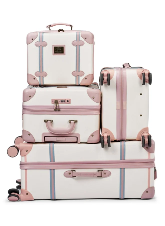 LIMRA 4-Piece Premium PU Leather Luggage Set – Luxury Travel Spinner Suitcases with Cosmetic Bag – Sizes 28/24/20/13 Inch White With Pink Color
